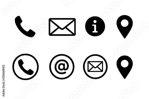 Contact Information Icons Set. Communication Symbols Collection. Phone, Email, Location, Info, Web, Business Card, Customer Service Contact Us Elements. Vector Black Simple Icons for Website and Card.
