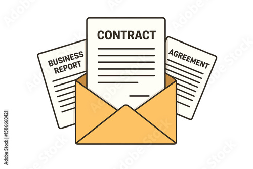 Business contract papers with documents and agreement report in envelope, professional corporate paperwork, financial and legal documents vector illustration, transparent background