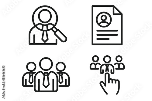 Headhunting and recruitment line icon set. Human resources graphic for web and mobile app. Job search, hiring, resume, CV, candidate selection, career, business vector.