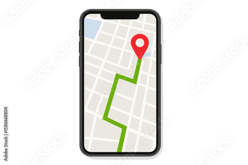 GPS navigation app on smartphone screen. Mobile phone with city map, route and destination pin. Location tracking. Travel direction guide. Path finding technology concept vector.