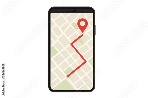 Mobile phone with digital GPS navigation app on screen. City map with red point marker and route. Finding location and destination. Geolocation and tracking technology concept.