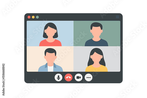 Video conference call screen. Online meeting and team communication concept. Remote work and business webinar. Vector illustration of a video chat application interface mockup.