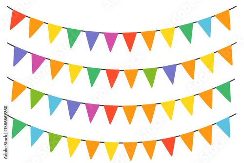 Colorful Party Bunting Banners Set of 4. Festive Pennant Flag Garlands for Birthday, Carnival, Festival, Holiday, Fair, Summer Outdoor and Indoor Event Decoration Background.