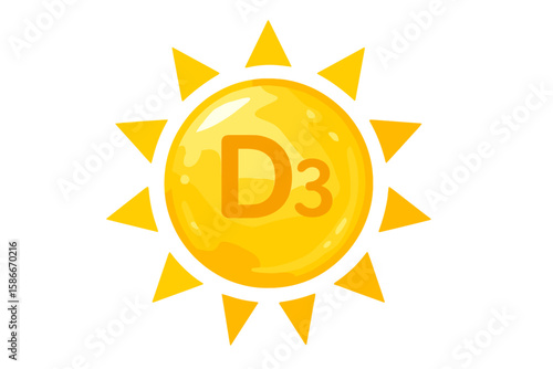 Vitamin D3 Icon Sun Symbol. Shiny Yellow Vitamin D Capsule for Health, Nutrition, Supplement, Skin Care, Pharmacy. Sunshine Concept Vector on Transparent Background. Beauty, Diet, Wellness.