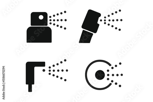 Spray Bottle and Sprayer Nozzle Icon Set. Vector Illustration of Aerosol Spray Bottle, Trigger Sprayer, Cleaning, Hygiene, Disinfection, Deodorant, Sanitizer, Household Cleaning Symbols