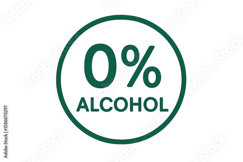 Zero Percent Alcohol Flat Icon, Alcohol Free Symbol, Non Alcoholic Label for Cosmetics, Skin Care, Medical Products, Clean Beauty, No Ethanol, Vector Emblem Illustration, Green Circle Badge
