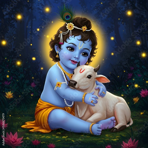 Divine baby Krishna with blue skin lovingly embraces a white calf in a moonlit forest, wearing a yellow dhoti, peacock feather crown, glowing aura, surrounded by lotus flowers and fireflies.