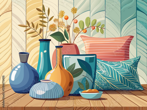 vector of Soft home decor of vases and glass pillows on white wood background.