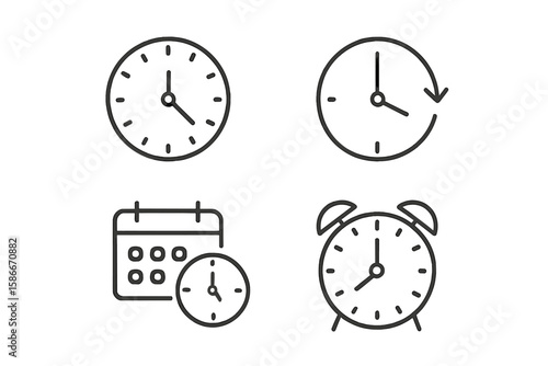Time management icons set with simple, clean, and modern design elements for productivity, organization, schedule planning, workflow optimization, and task prioritization