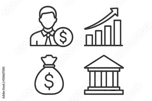 Business and Finance Vector Icon Set: Line Style Money Bag, Bank Building, Growth Chart, and Businessperson with Dollar Symbol, Isolated Transparent Background Stock Illustration