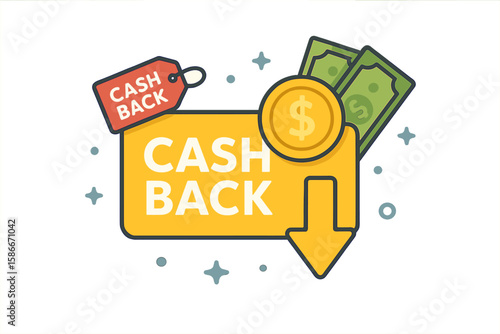Cashback Rewards Banner. Money Back Offer Incentive. Savings Promotion with Coin and Dollar Bills. Flat Design Vector for E-Commerce, Financial Services, Cash Refund, Shopping, Retail Marketing