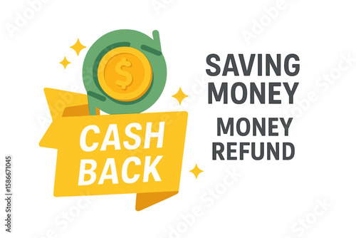 Cash back rewards banner illustration. Saving money concept with coin and refund label. Promotional cashback offer, refund, rebate, earnings, discount. Flat vector design for finance marketing ads.