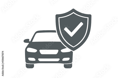 Car insurance, vehicle protection, auto safety concept, insurance policy icon, automobile shield with check mark, secure car property, risk management, front view car secure graphic.