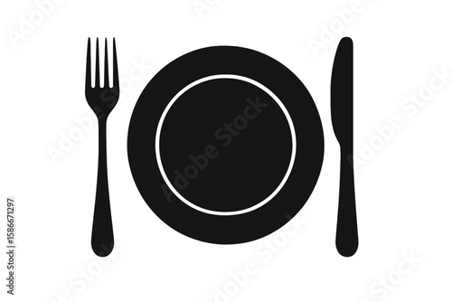Silhouette vector of plate with fork and knife cutlery set, kitchen dining utensils icon, restaurant tableware illustration on transparent background for cooking and food concepts