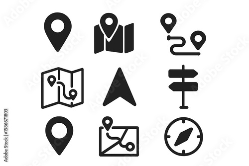 Navigation and Map Icon Set. Location Pin, Route Map, GPS Arrow, Compass, Destination Marker, Directional Sign, Journey Path, Modern Travel Navigation Vector Illustration