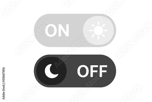 On Off Toggle Switch Button Vector. Light Dark Button UI Icons. Day Night Mode, Sun Moon Symbol. Web Interface Design, Dark Mode Switcher. User Interface Vector Illustration