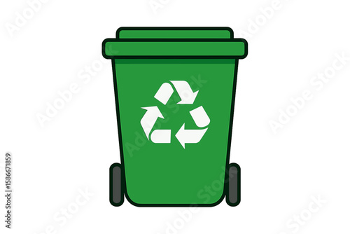 Green recycling bin vector icon with recycle symbol, waste management container, eco-friendly garbage can, environmental protection, sustainable trash collection, isolated illustration
