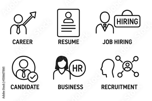 Recruitment and Human Resources Line Icons Set. Career Growth, Resume Submission, Job Hiring, Candidate Selection, HR Management, Business Teamwork, Headhunting Vector Illustration