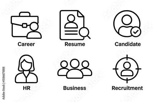 Recruitment and HR Line Icons Set. Career, Resume, Job Hiring, Candidate Selection, HR Management, Business Team, Headhunting, Employee Recruitment. Minimal Vector Illustration Isolated