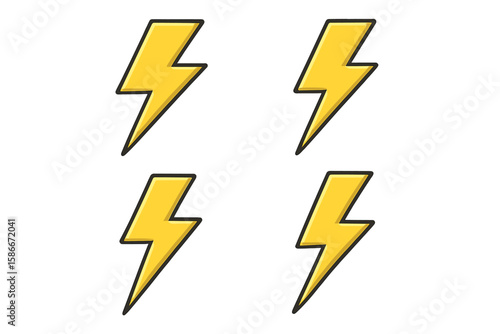 Set of 4 yellow lightning bolt icons. Energy, thunder, electricity vector symbols. Power, speed, fast charge, electric flash. Graphic cartoon bolt sign with shading, outline