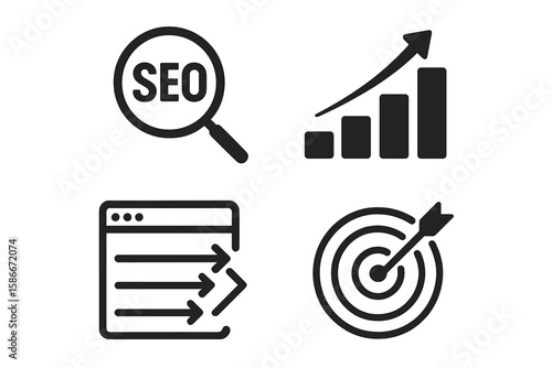 SEO optimization icons set. Search engine marketing, website traffic growth, digital analytics, target audience, conversion, data analysis, internet business web and mobile app vector