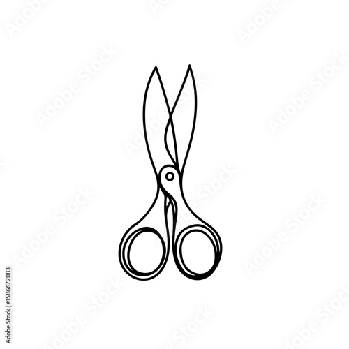 Minimalistic continuous black line drawing of gift wrapping scissors on white background, concept of creativity and elegance in design.