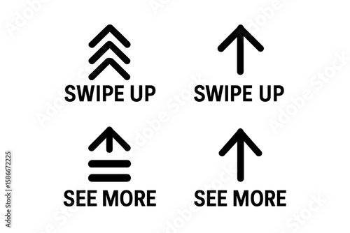 Swipe Up Icon Set for Social Media Stories. See More and Arrow Up Vector Button Collection. Bold Black Directional Symbols for Web UI, Mobile Navigation, Transparent Background