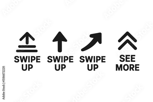 Swipe Up Arrow Icon Set for Stories and Social Media. Modern Upward Arrow, See More, Swipe Up Button Vector Illustration. Black Icons on Transparent Background for Web UI