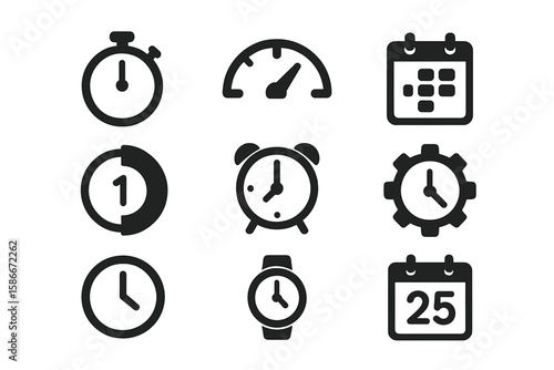 Time management icons set. Stopwatch, speedometer, calendar, countdown timer, alarm clock, recovery, analog clock, wristwatch, date planner. Black vector symbols