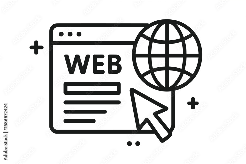 Obraz premium Web browser window with globe icon and cursor pointer. Internet website, online access, web page interface. Modern line art vector illustration, internet technology concept