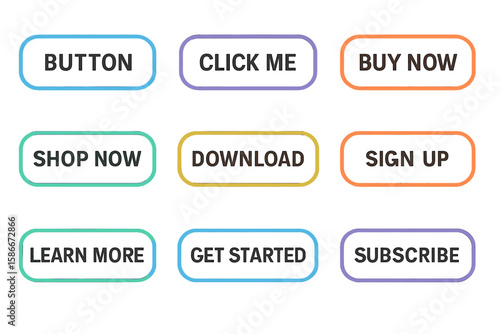 Vibrant Outline Call-to-Action Web Buttons Set – Buy Now, Shop Now, Sign Up, Download, Click Me, Get Started, Modern UI Elements, Colorful Rounded Borders, Ecommerce, Subscription, Digital Marketing