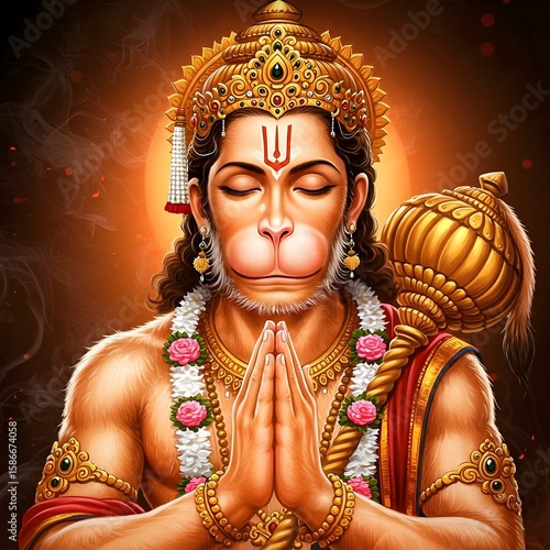 Divine Lord Hanuman in Meditation Pose with Glowing Aura, Sacred Garland, and Royal Crown – Spiritual Hindu Art of Bhakti and Strength, Perfect for Devotion, Worship, and Inner Peace