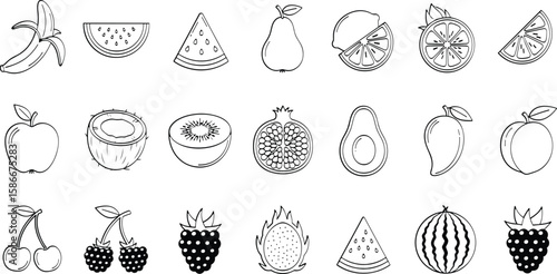 Fresh fruit icons collection, banana, watermelon slice, pear, citrus, apple, coconut, berries, healthy food, tropical fruit vector set