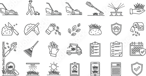 Lawn care service icons, gardening tools, mower, grass maintenance, irrigation, hedge trimming, eco landscaping, garden gloves, checklist, vector