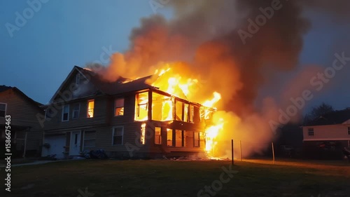 Intense House Fire with Large Flames and Smoke Billowing from the Roof and Windows at Night