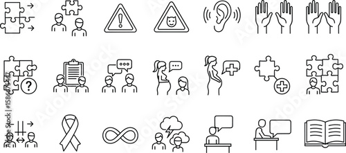 Autism Spectrum Disorder Awareness and Communication Icon Set, Vector Illustrations of Neurodiversity, Mental Health, Therapy, and Social Interaction Symbols, Line Art Collection