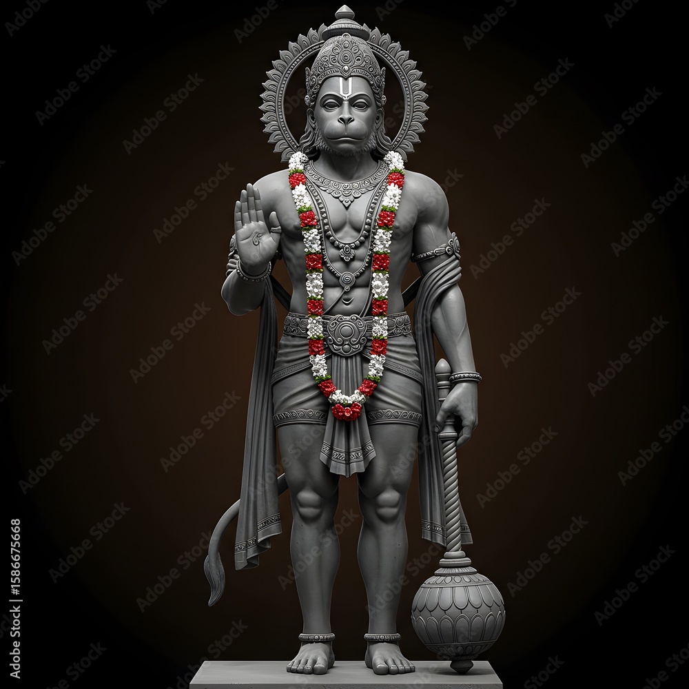 Fototapeta premium Majestic Statue of Lord Hanuman Standing in a Blessing Pose Holding Gada (Mace), Adorned with Sacred Garland – Devotional Representation in Black Stone Finish with Divine Halo Backdrop