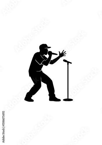 Dynamic Silhouette of a Rapper Performing Live with Microphone in Hand Isolated on White for Urban Music and Hip Hop Culture Themes