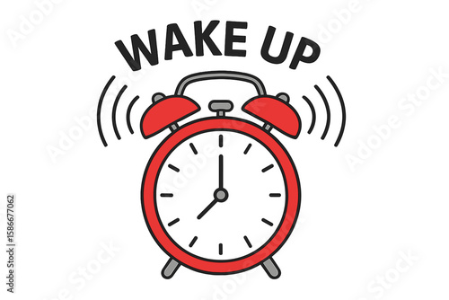 Ringing red alarm clock with wake up call text. Loud morning signal for waking up from bed. Classic mechanical timepiece icon. Concept of deadline, time management, schedule. Vector.