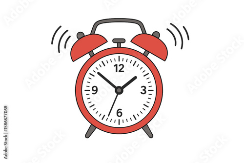 Red alarm clock ringing loud. Wake up call in the morning concept. Retro mechanical signaling device with bell. Time management, deadline pressure metaphor. Vector icon illustration.