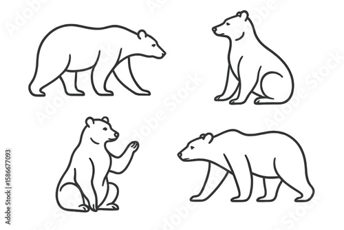 Bear line art set. Minimalist wild animal outline collection. Simple grizzly logo or icon element. Modern vector illustration of bears in different elegant poses for design.