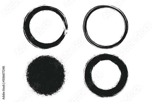 Grunge circle vector set. Hand drawn rough circular brushstroke frame. Abstract ink circle and round shape. Grungy texture, stamp, and enso zen circle vector illustration.