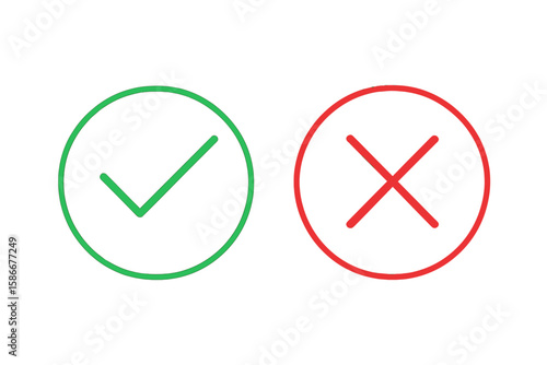 Green tick and red cross vector icons. Check mark and X symbols for accepted, rejected, approved, or disapproved. Right and wrong, correct and false choice buttons.