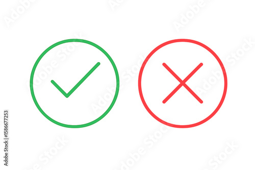 Green tick and red cross vector icons. Check mark and x symbol for approved and rejected. Thin line correct and false signs. Yes and no button for evaluation, decision.