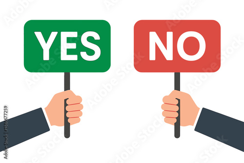 Hands hold Yes and No banner for a vote. Placard with positive and negative sign. True or wrong choice concept. Test question or survey. Dilemma and dispute illustration.