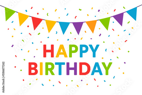 Happy Birthday banner vector design template. Colorful party flags, garland, and confetti for celebration. Festive greeting card illustration on isolated white background.