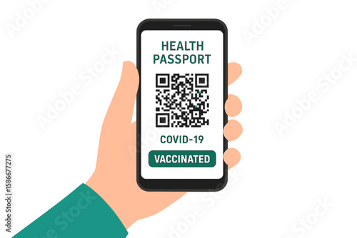 Health passport with QR code on smartphone screen. Hand holding phone with digital vaccination certificate for travel during covid-19 pandemic. Immune status concept vector.