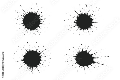 Black ink splatter set. Grunge paint splash collection. Vector artistic blot and stain. Dirty spray drop texture. Abstract design element isolated. Distressed inkblot illustration.