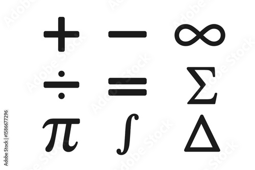 Mathematical symbols vector icon set. Simple flat glyphs for education and science. Includes plus, minus, division, equals, infinity, pi, sigma, integral, and delta signs.