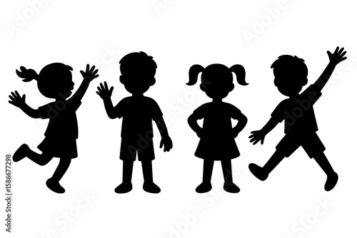 Kids silhouette vector set. Collection of happy children, boys and girls, in playful jumping and standing poses. Black shape icons for school, web, or creative design.